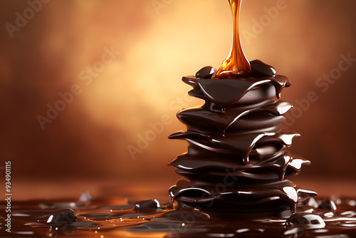 Decadent flowing chocolate fountain with rich brown hues in soft focus background, evoking indulgence, party desserts, and festive celebrations.