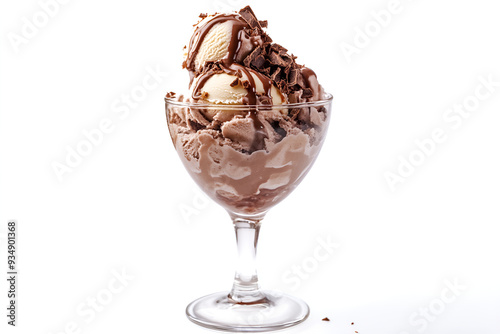 Photo of caramel cream sundae with condensed milk, vanilla and chocolate ice cream, isolated on white background.