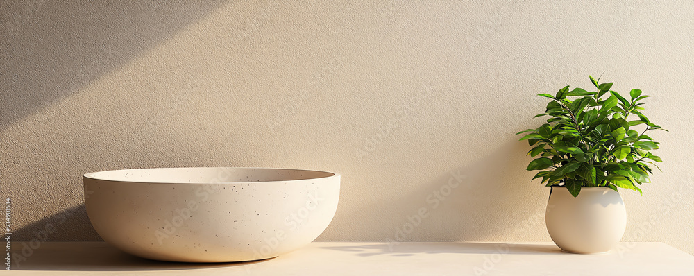 A minimalistic interior scene featuring a simple bowl and a potted plant on a clean, neutral backdrop. A minimalistic interior scene featuring a simple bowl and a potted plant on a clean, neutral backdrop.