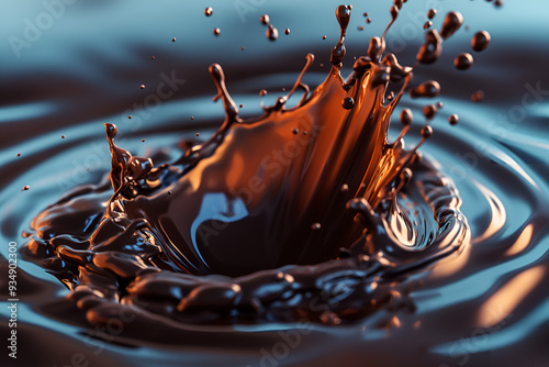 Crown splashing into melted chocolate, creating waves and drops of chocolate