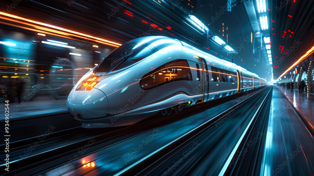 Modern High-Speed Train Traveling Through City at Night Modern High-Speed Train Traveling Through City at Night