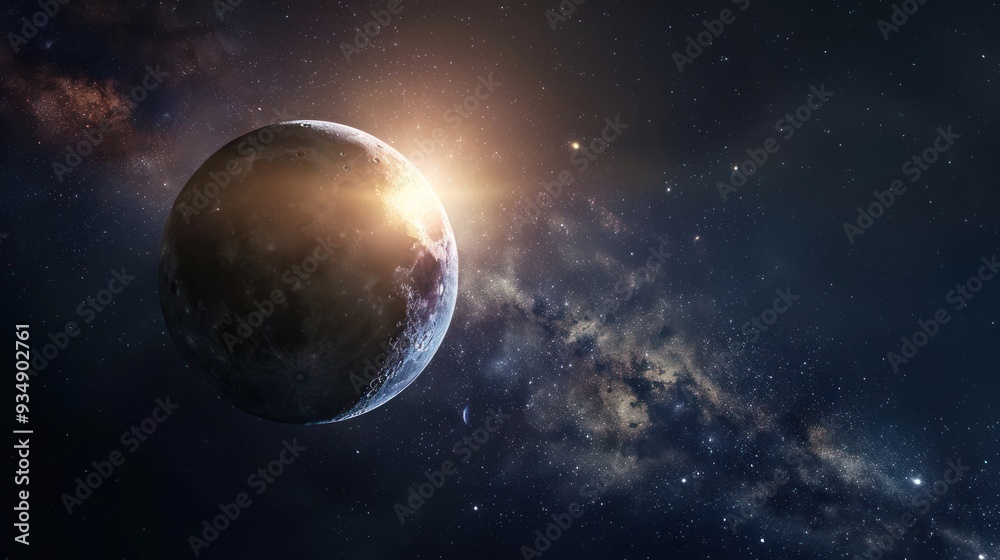 Fototapeta premium A crescent moon illuminated by the sun in a starry sky