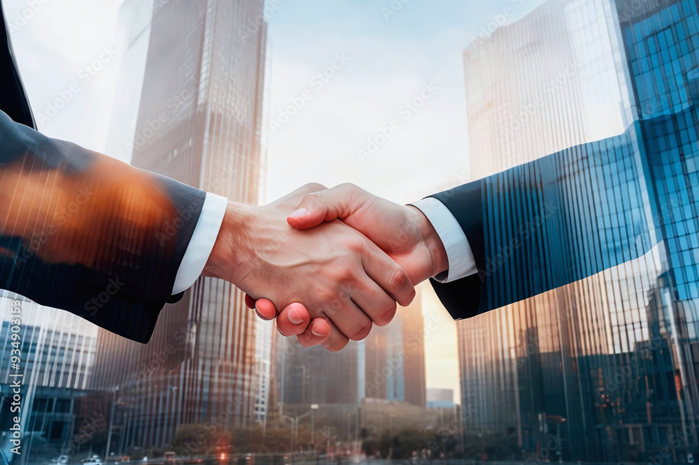 Businessmen's hands close-up shaking hands with a partner, greeting, deals,double exposure against the background of tall business buildings at sunset Businessmen's hands close-up shaking hands with a partner, greeting, deals,double exposure against the background of tall business buildings at sunset
