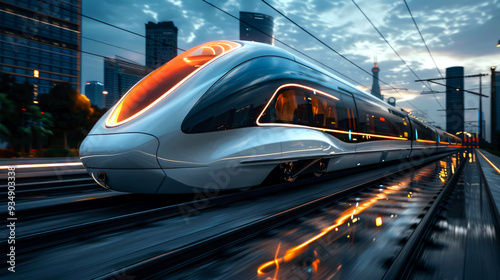 Modern High-Speed Train Traveling Through Urban Landscape at Dusk