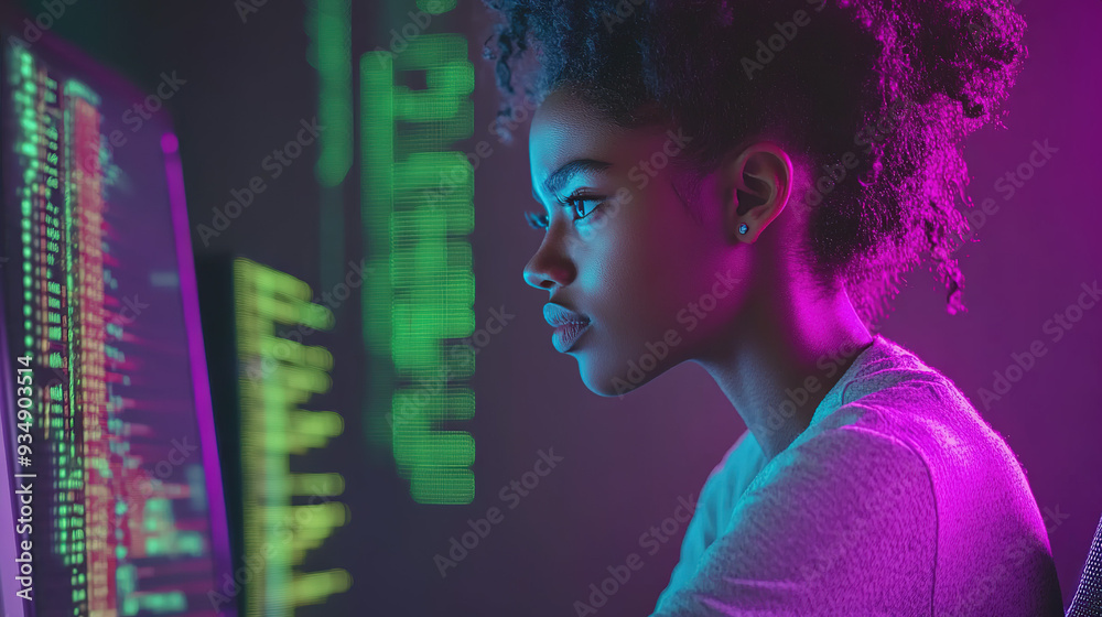 Double Exposure of Digital Identity: A Young African American Woman with Curly Hair Analyzing Data and Code in a Cyberpunk-Inspired Dark Space with Neon Lights and Bokeh Effect Double Exposure of Digital Identity: A Young African American Woman with Curly Hair Analyzing Data and Code in a Cyberpunk-Inspired Dark Space with Neon Lights and Bokeh Effect