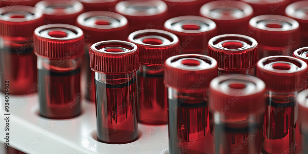 A close up of red test tubes filled with dark liquid, each resting on its side in the bottom section of a white rack, generative AI A close up of red test tubes filled with dark liquid, each resting on its side in the bottom section of a white rack, generative AI