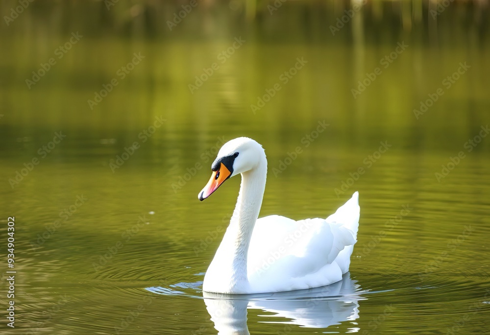 A white swan swimming in a pond with a green and brown background A white swan swimming in a pond with a green and brown background