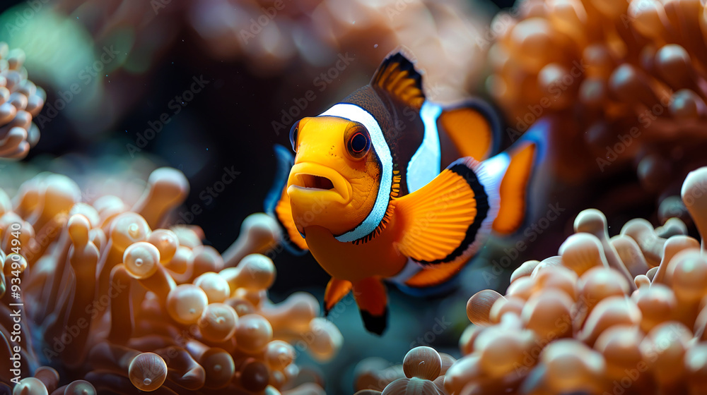 A Clownfish Swimming Near a Cluster of Coral A Clownfish Swimming Near a Cluster of Coral