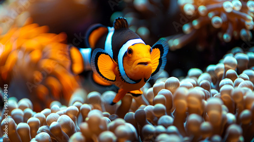 Close-up of an Orange and White Clownfish Swimming in a Coral Reef