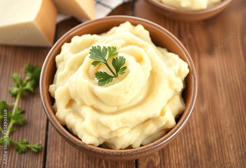 A bowl of creamy mashed potatoes garnished with a sprig of fresh parsley on a wooden surface A bowl of creamy mashed potatoes garnished with a sprig of fresh parsley on a wooden surface