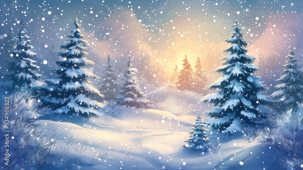 Snowy Forest with Sunlit Horizon and Falling Snow Snowy Forest with Sunlit Horizon and Falling Snow