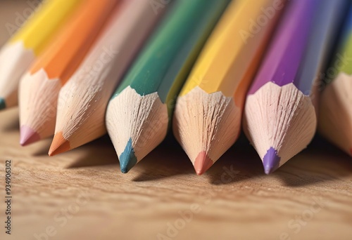 Closeup of the tips of colored pencils, with the focus on the blunt ends and the wood grain visible photo