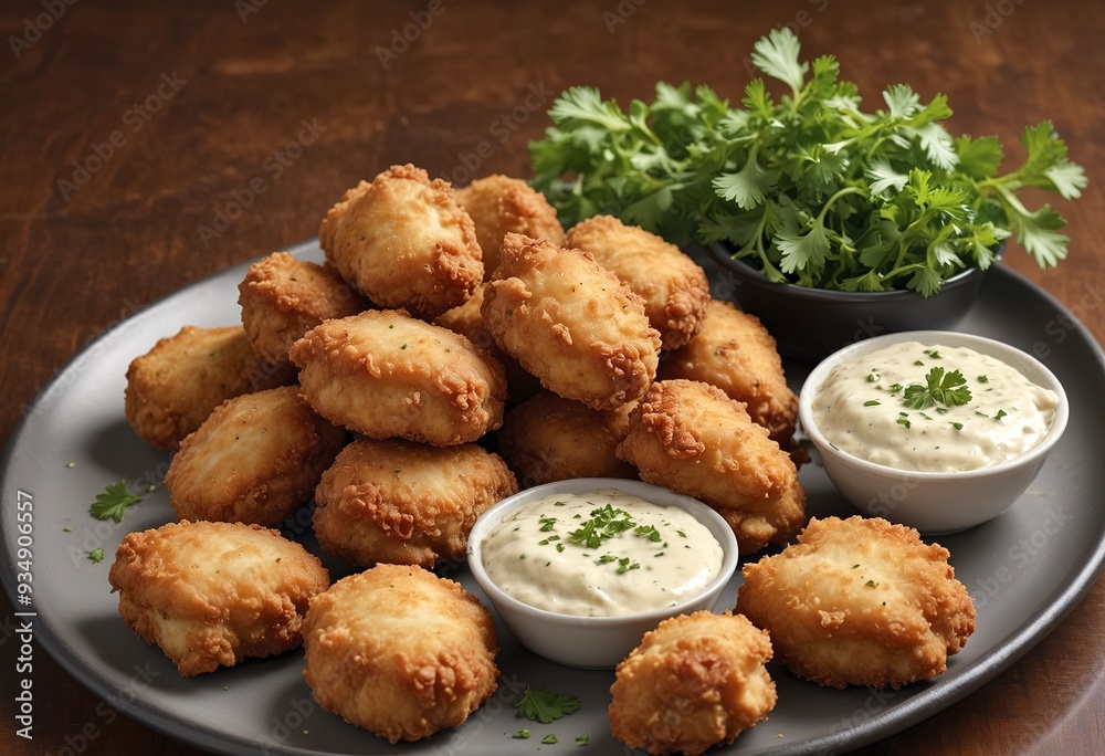 Fried chicken nuggets on a black plate, garnished with fresh parsley Fried chicken nuggets on a black plate, garnished with fresh parsley