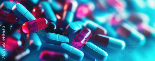 Close-up of colorful capsules and pills scattered on a surface, highlighting pharmaceutical and healthcare concepts.