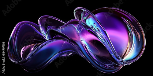 Abstract iridescent purple and blue liquid swirl isolated on black background.