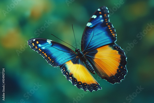 Butterfly with vibrant blue and yellow wings flying in nature, butterfly, blue, yellow, wings, insect, nature, colorful
