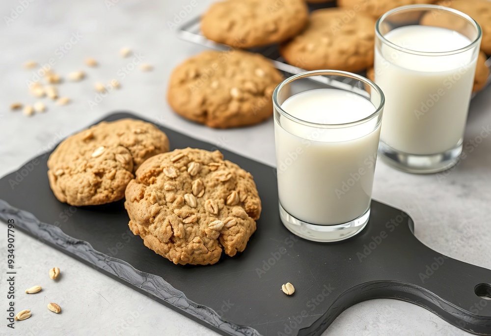 Oatmeal cookies with glasses of milk on a slate board Oatmeal cookies with glasses of milk on a slate board