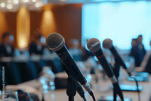 A close-up of a microphone on a table at a conference panel, with blurred attendees in the background, highlighting the formal setting and the theme of communication