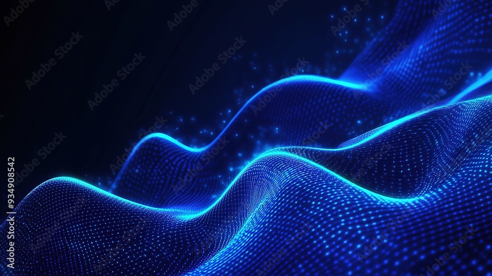 Fototapeta premium Blue abstract technology design with wavy lines and holographic elements