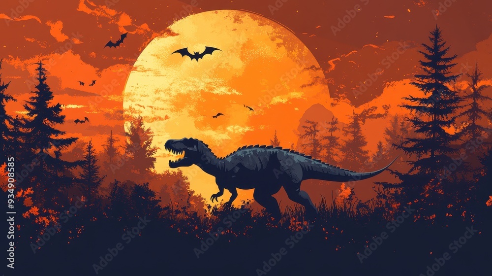Fototapeta premium A dinosaur is walking through a forest at sunset