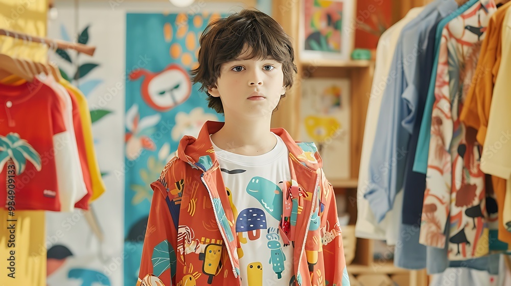 Young boy models colorful clothing in a retail store. He is standing in front of a rack of clothes, and he is wearing a red jacket with a colorful pattern and a white t-shirt with a graphic design. Young boy models colorful clothing in a retail store. He is standing in front of a rack of clothes, and he is wearing a red jacket with a colorful pattern and a white t-shirt with a graphic design.