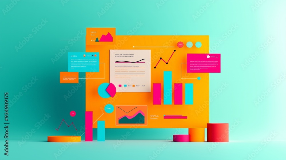 Obraz premium Vibrant data visualization with colorful charts, graphs, and infographics on a dynamic background for creative presentations.