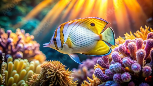 ethereal morning light on translucent glasswing butterflyfish in warm coral reef photo