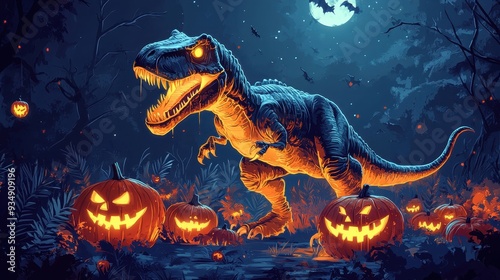 Fototapeta Naklejka Na Ścianę i Meble -  A dinosaur is walking through a field of pumpkins with a moon in the background