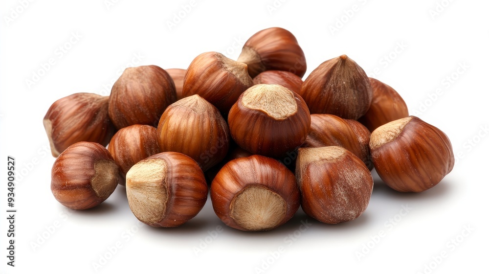 A pile of whole hazelnuts isolated on a white background. A pile of whole hazelnuts isolated on a white background.