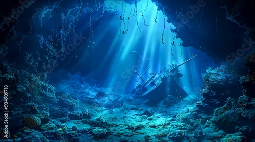 Sunbeams illuminating a shipwreck in a deep underwater cave