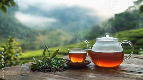 Warm cup and glass jug filled with tea and tea leaves on wooden table with tea plantation background