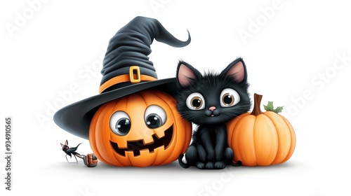 Charming Halloween scene featuring a cute black cat with a whimsical pumpkin and a witch hat, perfect for festive celebrations. photo