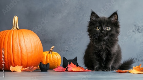 A cute black kitten poses beside vibrant pumpkins and autumn leaves, capturing the essence of fall and Halloween festivities.