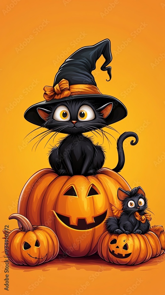 A playful black cat wearing a witch hat sits on a carved pumpkin, surrounded by festive Halloween pumpkins. A playful black cat wearing a witch hat sits on a carved pumpkin, surrounded by festive Halloween pumpkins.