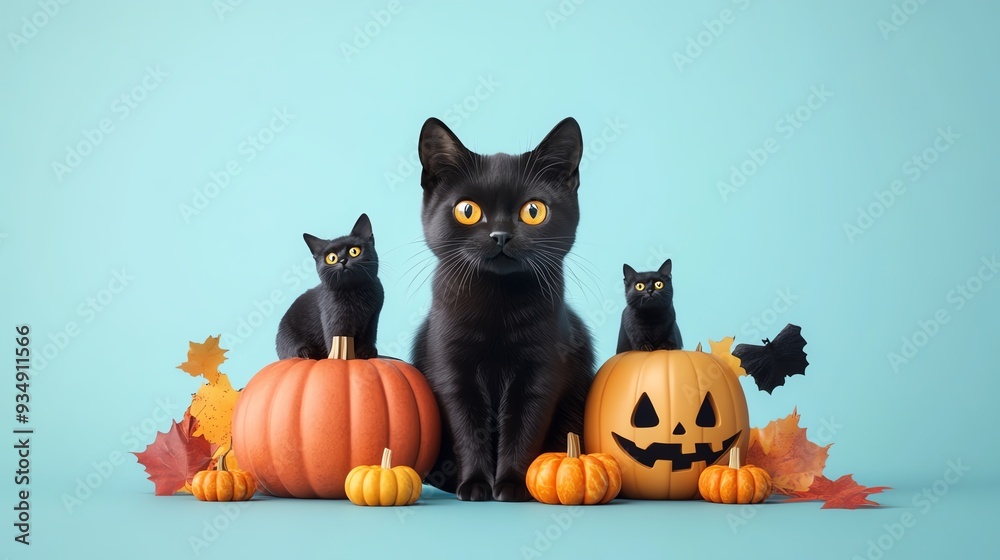 A playful scene featuring black cats with pumpkins and autumn leaves, perfect for Halloween-themed imagery. A playful scene featuring black cats with pumpkins and autumn leaves, perfect for Halloween-themed imagery.