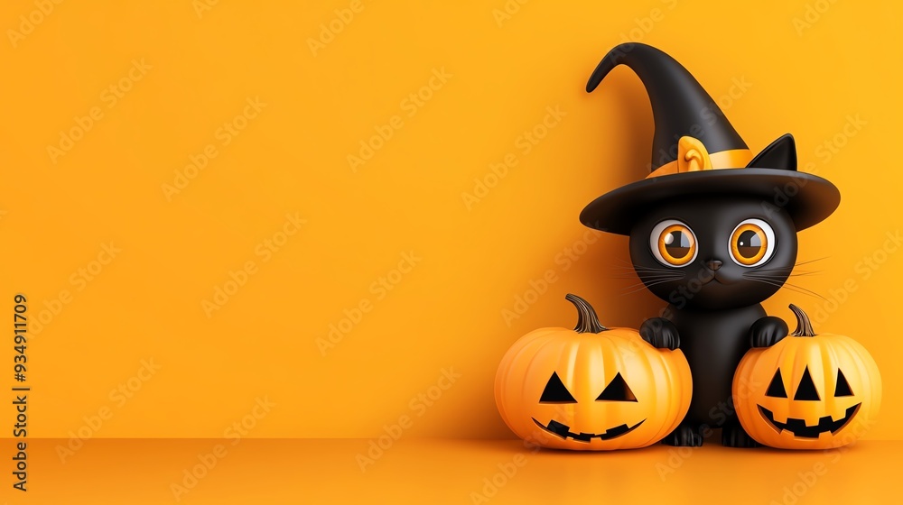 A cute black cat in a witch hat stands beside two smiling pumpkins against a vibrant orange background, perfect for Halloween. A cute black cat in a witch hat stands beside two smiling pumpkins against a vibrant orange background, perfect for Halloween.