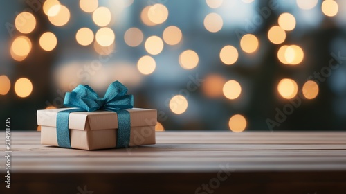 A beautifully wrapped gift box with a turquoise ribbon placed on a wooden table surrounded by warm, twinkling lights in a festive atmosphere.
