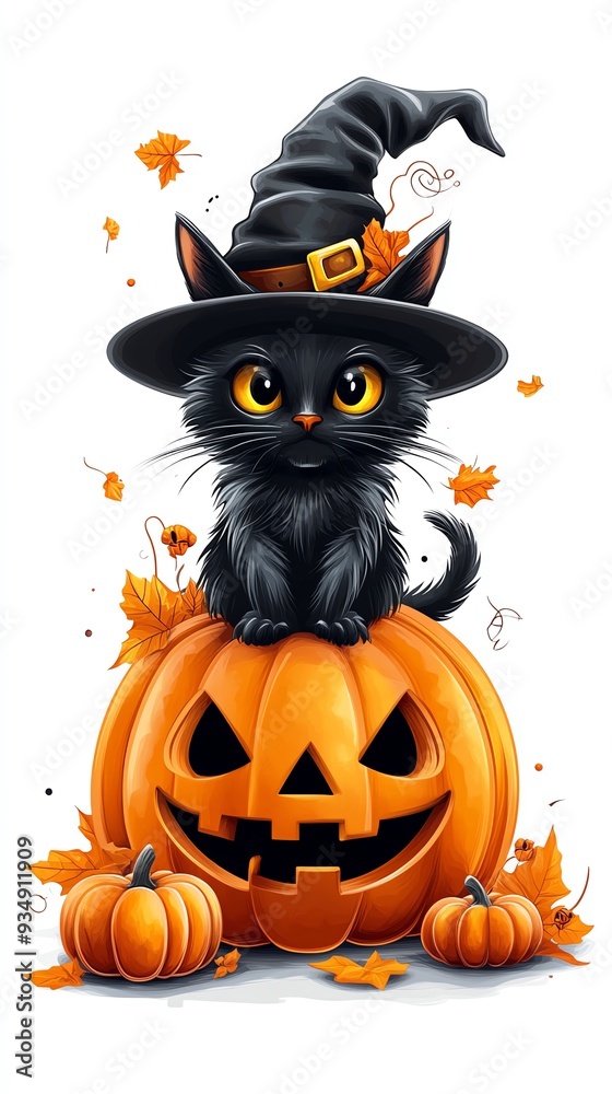 Charming black cat wearing a witch's hat, perched on a pumpkin surrounded by colorful autumn leaves. Charming black cat wearing a witch's hat, perched on a pumpkin surrounded by colorful autumn leaves.