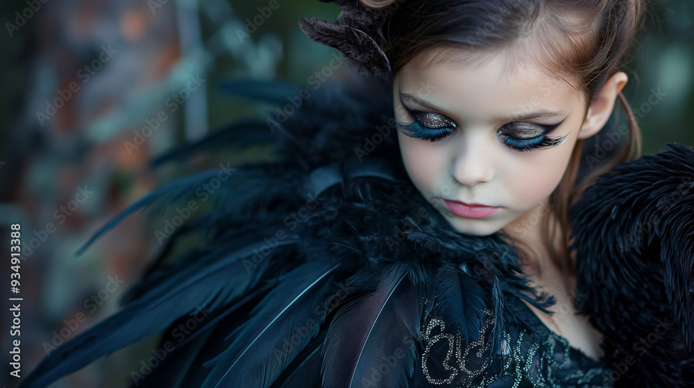 A young girl adorned in black feathers and striking eye makeup gazes downwards, capturing a moment of serene contemplation outdoors amidst nature, halloween mood A young girl adorned in black feathers and striking eye makeup gazes downwards, capturing a moment of serene contemplation outdoors amidst nature, halloween mood