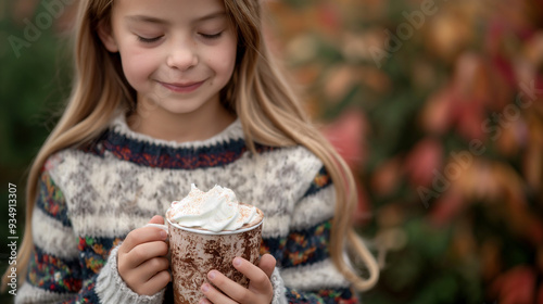 The young girl smiles softly while holding a warm cup of hot cocoa topped with whipped cream, surrounded by vibrant autumn leaves and nature, autumn and harvest mood photo