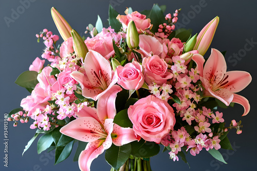  beautiful bouquet with fragrant peonies on light blue beautiful background