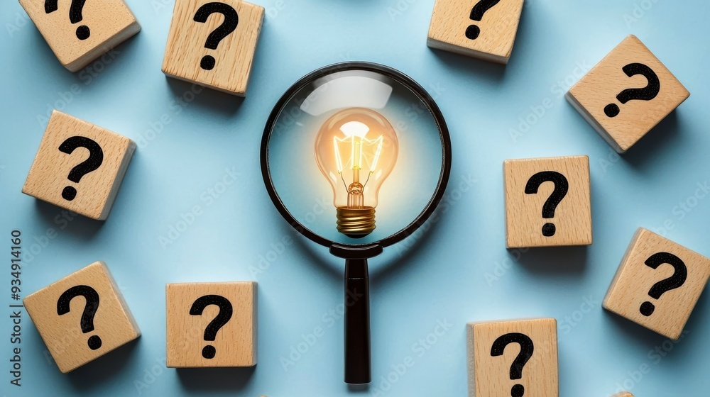 Fototapeta premium A glowing light bulb under a magnifying glass among cubes with question marks symbolizes thinking and ideas
