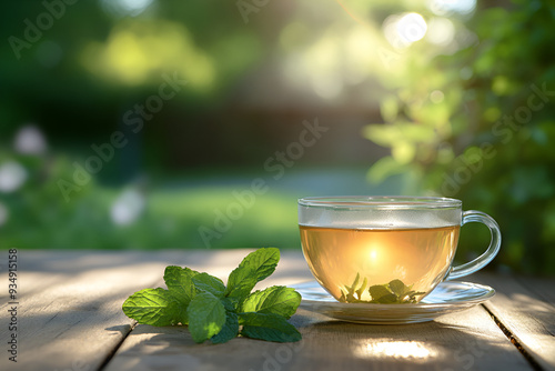 Hot tea in a glass cup on a wooden table with a blurred background of green leaves with beautiful nature sunlight