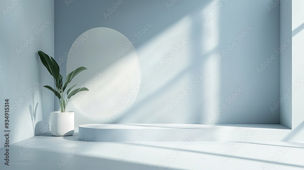 Serene Blue Minimalist Product Display: An empty platform bathed in soft sunlight, ideal for showcasing your product against a tranquil backdrop.