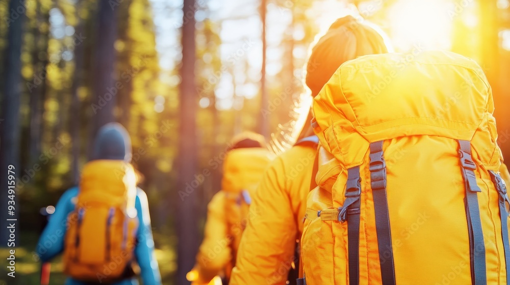 Adventurers with yellow backpacks hiking through a sunlit forest, embracing nature and exploring the great outdoors. Adventurers with yellow backpacks hiking through a sunlit forest, embracing nature and exploring the great outdoors.