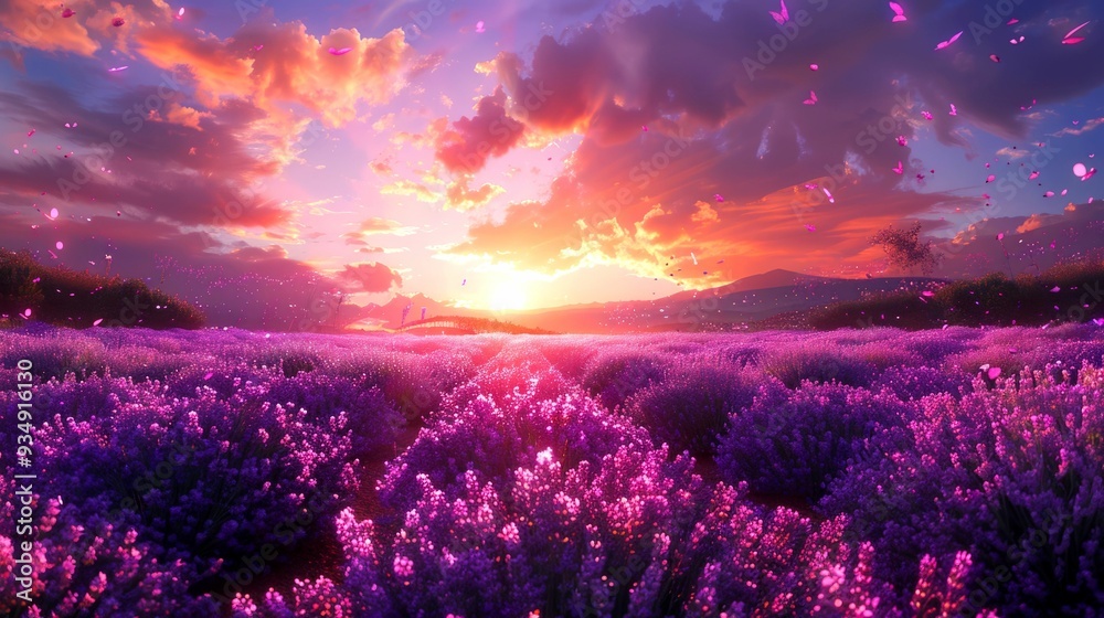 Lavender Field at Sunset with Pink Butterflies Lavender Field at Sunset with Pink Butterflies