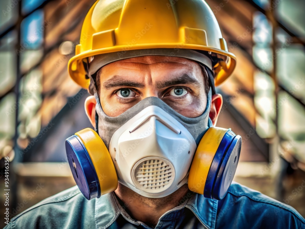 A construction worker's respirator mask glows with a soft blue light, highlighting its delicate filters, intricate vents, and sturdy straps, exuding a sense of safety and technical precision. A construction worker's respirator mask glows with a soft blue light, highlighting its delicate filters, intricate vents, and sturdy straps, exuding a sense of safety and technical precision.