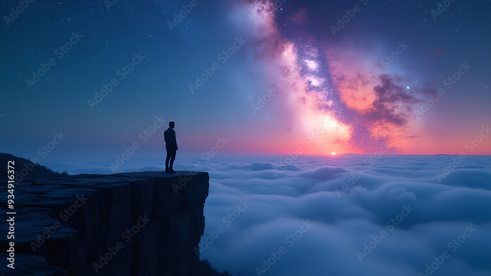 Show a silhouette on a cliff stargazing at a vibrant galaxy Show a silhouette on a cliff stargazing at a vibrant galaxy