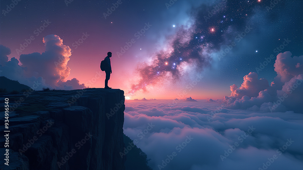Fototapeta premium Show a silhouette on a cliff stargazing at a vibrant galaxy