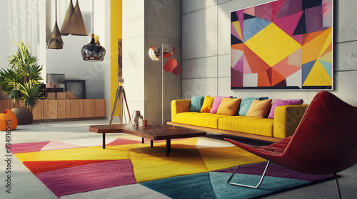 Sleek modern living room with colorful geometric